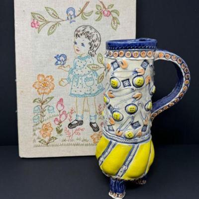 Yellow Ceramic Mug & Vintage Floral Garden Embroidery	
