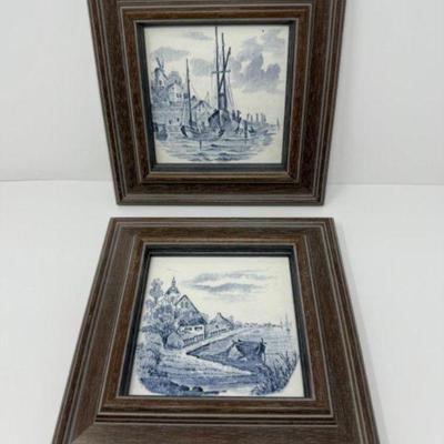 19th Century Delftware Inspired Landscape + Canal & Boat Scene Framed Tiles