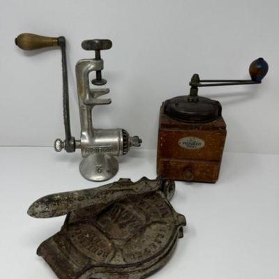 Vintage Peugeot Coffee Grinder, Cast Iron Tortilla Press, & Universal Meat Grinder	