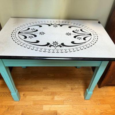 Vintage Teal Square Table w/ Metal Top & Stencil Design