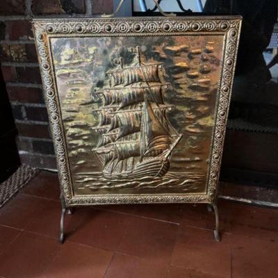 1930s Antique Brass Fire Screen w/ Ship Embossed Design	