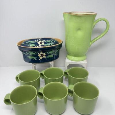 Höganäs Keramik Mug Set (6), Italian Pitcher, & Slipware Covered Bowl