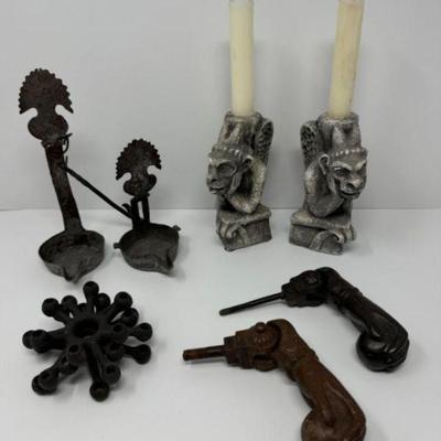 Antique Oil Lamp, Iron Knockers, Mythical Sculpture Candle Holders+	
