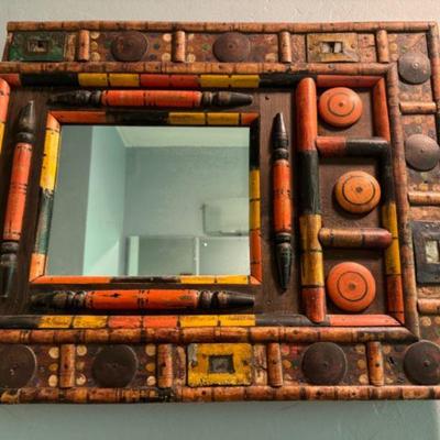 Vintage Carved Wood Stained Mirror w/ Red & Yellow Accents
