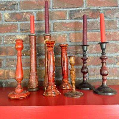 Mixed Material Candlestick Holders - Metal, Wood, & Lacquer