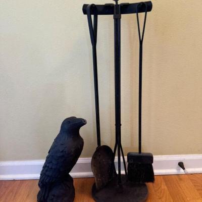 Black Iron Fireplace Tool Set w/ Shovel & Brush + Cement Raven Statue