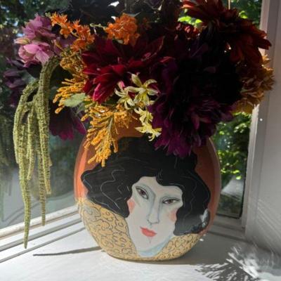 Signed Terri Cody Double-Sided Vase '97 - Lady Portrait in Bright Colors