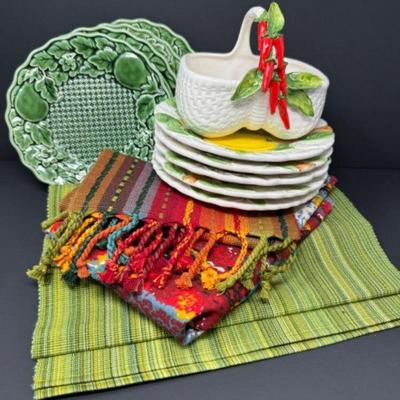 Shafford Fruit Du Jour Motif Plates '87, Assorted Vintage Plates, & Table Runner +	