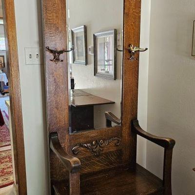 Carved Quarter Sawn Oak Lift Seat/Hat/ Coat Bench