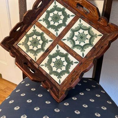 Vintage Hand Carved Wooden Tray with Tiles - $45