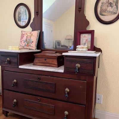 Antique Carved Wooden Dresser with Marble Drop-down Top and Attached Mirror - $200
