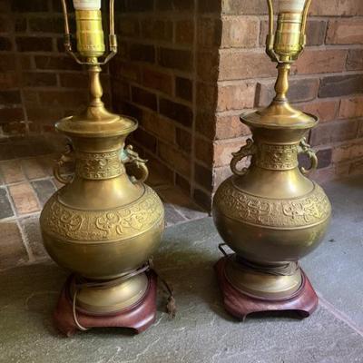 Pr. antique brass urn lamps