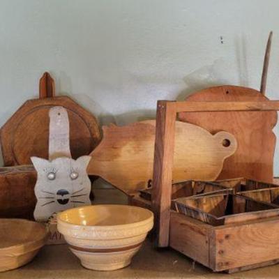 Berry carrier. bread boards, one wooden lid & match safe