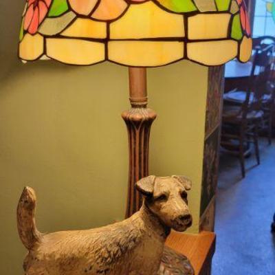 Stained Glass Lamp & Cast iron dog door stop 