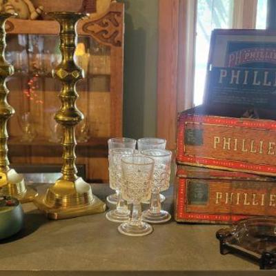 Heavy brass sticks & tin cigar boxes