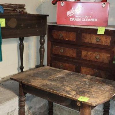 Antiques in te basement. Table, dresser & spinet desk
