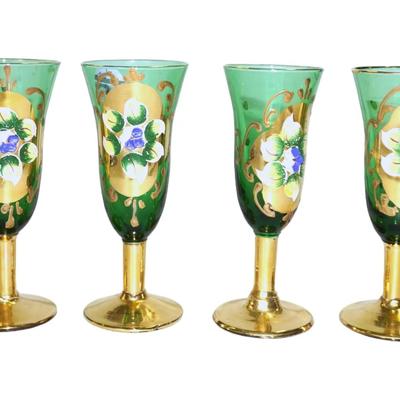 4 MID CENTURY BOHEMIAN GLASS ENAMELED CORDIALS