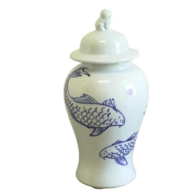 Large 20th c Celadon Ginger Jar with Blue Koi and Foo Finial. Measures 18". 