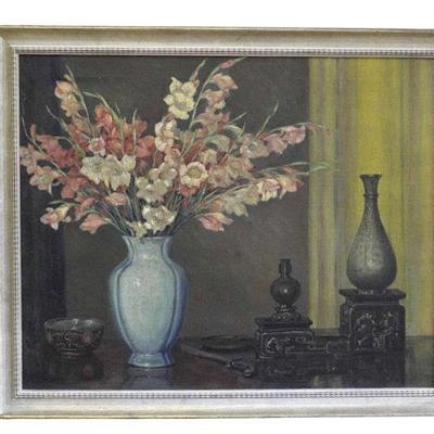 Abby Phelps Lytle Wuichet (1857-1935) Art Deco Oil on Board Still Life Gladiolas. Framed measures 34"x28.5"