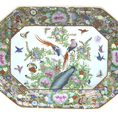 Rose Medallion Octagonal Platter. Seal on back. Enameled Birds and Butterflies, Gilt.