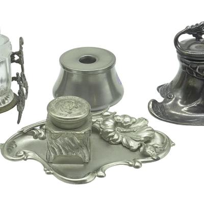 LOT OF ANTIQUE/VINTAGE INKWELLS AND PEN HOLDERS - 4 PIECES