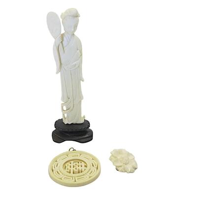 All are carved bone. Double Happiness Prayer Wheel Pendant 2.25". Delicately Carved Guanyin on Ebony Stand 7". Carved Flower...