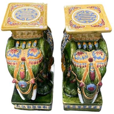 Matched Pair of Vintage Ceramic Elephant Garden Seat / End Tables. Vibrant Polychrome Painted Green, Blues, Yellows and Reds.
