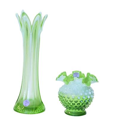 2 PC JEFFERSON & FENTON GREEN OPALESCENT GLASS