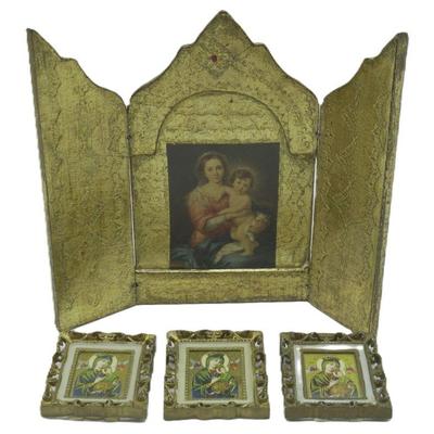 VINTAGE FLORENTINE TRIPTYCH, MADONNA AND CHILD & MINI ICONS