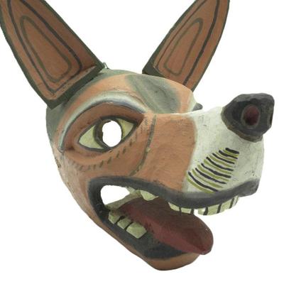 Hand Carved and Polychrome Painted Wooden Tigua Dog Mask from Cotopaxi, Ecuador. Measures 13"x12"x12.75.
