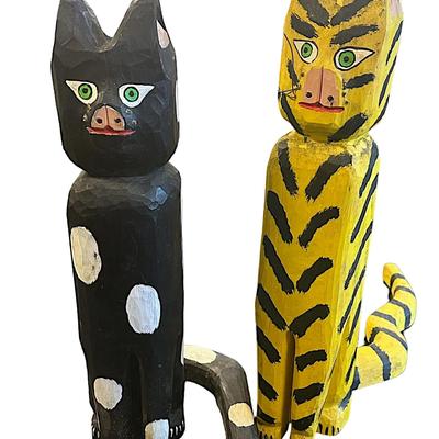 Pair of Painted Wood Carved Cat Figurines by Folk Artist James Harold Jennings (American/North Carolina, 1931-1999). Both Signed "...
