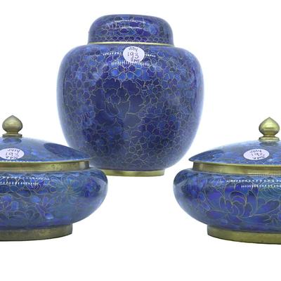 3 pieces of beautiful Chinese Cloisonne in various shades of blue. One piece still has original stickers marked "Jingfa" and...