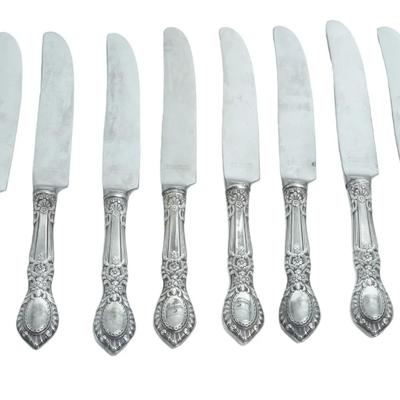 Eight (8) Vintage 1941 Reed & Barton Sterling Silver Dinner Knives in the Guildhall Pattern. 