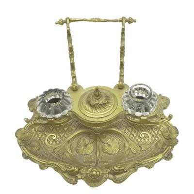 Antique Ornate Brass French Louis XV Style Inkwell. Featuring beautiful scrolling lilypad design, 2 glass ink holders and quill holder. 