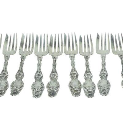 10 LARGE GORHAM STERLING SILVER LILY FISH / SALAD FORKS