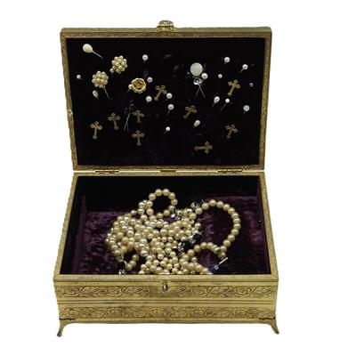 Antique Swiss Musical Footed Jewelry Box & Vintage/Antique Hatpins and Costume Jewelry Box Contains Vintage Les Bernard Faux Pearls,...