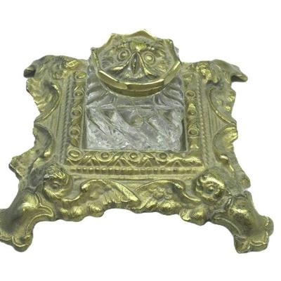 ORNATE ANTIQUE CRYSTAL AND BRASS OWL INKWELL
