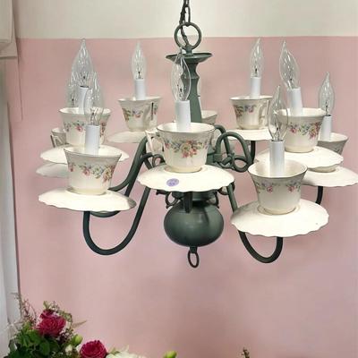 WHIMSICAL 10 ARM PORCELAIN TEACUPS CHANDELIER