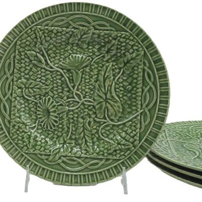 4 Bordallo Pinheiro Majolica Morning Glory Green Plates made in Portugal. 