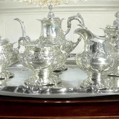 Francis I by Reed & Barton Sterling Silver Tea Set 5 piece with Monumental King Francis Reed & Barton Silver Plate Tray....