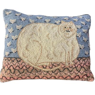 VINTAGE HAND HOOKED FOLK ART CAT THROW PILLOW