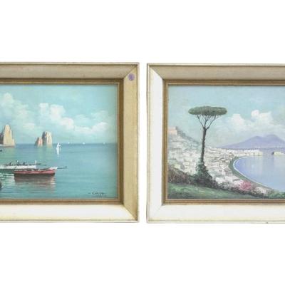Pair of Italian Mid Century signed Carlo Ciappa (1915-1970) Oil on Board Paintings of the Bay of Naples and Fishing Boats.