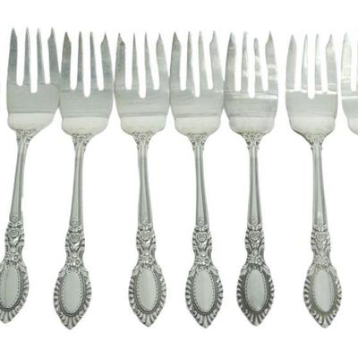 Eight (8) Vintage 1941 Reed & Barton Sterling Silver Individual Salad Forks in the Guildhall Pattern.