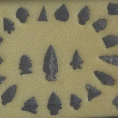 24 Native American Archaic Obsidian Arrowheads from Oregon. Longest 2". Framed.