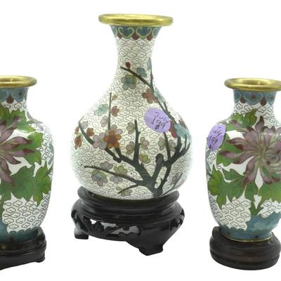 3 pc CHINESE CLOISONNE VASES ON STANDS