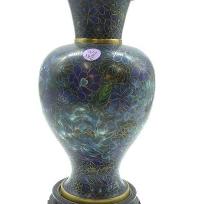 Chinese Cloisonne Blue Vase on rosewood stand. 