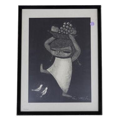 Shuzo Ikeda "Shuuka: A child carrying a basket of fruit with two small birds. Published by the famous Watanabe Publisher of Tokyo....
