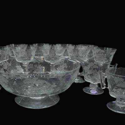 13 pc FOSTORIA ETCHED WILLOW TRIFLE BOWL &