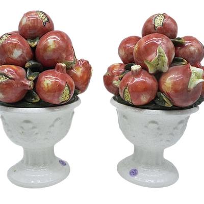 PAIR MID-CENTURY MAJOLICA POMEGRANATE TOPIARY