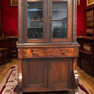 Antique American (South Carolina) Mahogany Silver Press / Bookcase Display. 2 Part.. Lower cabinet, 1 drawer over 2 doors. 48